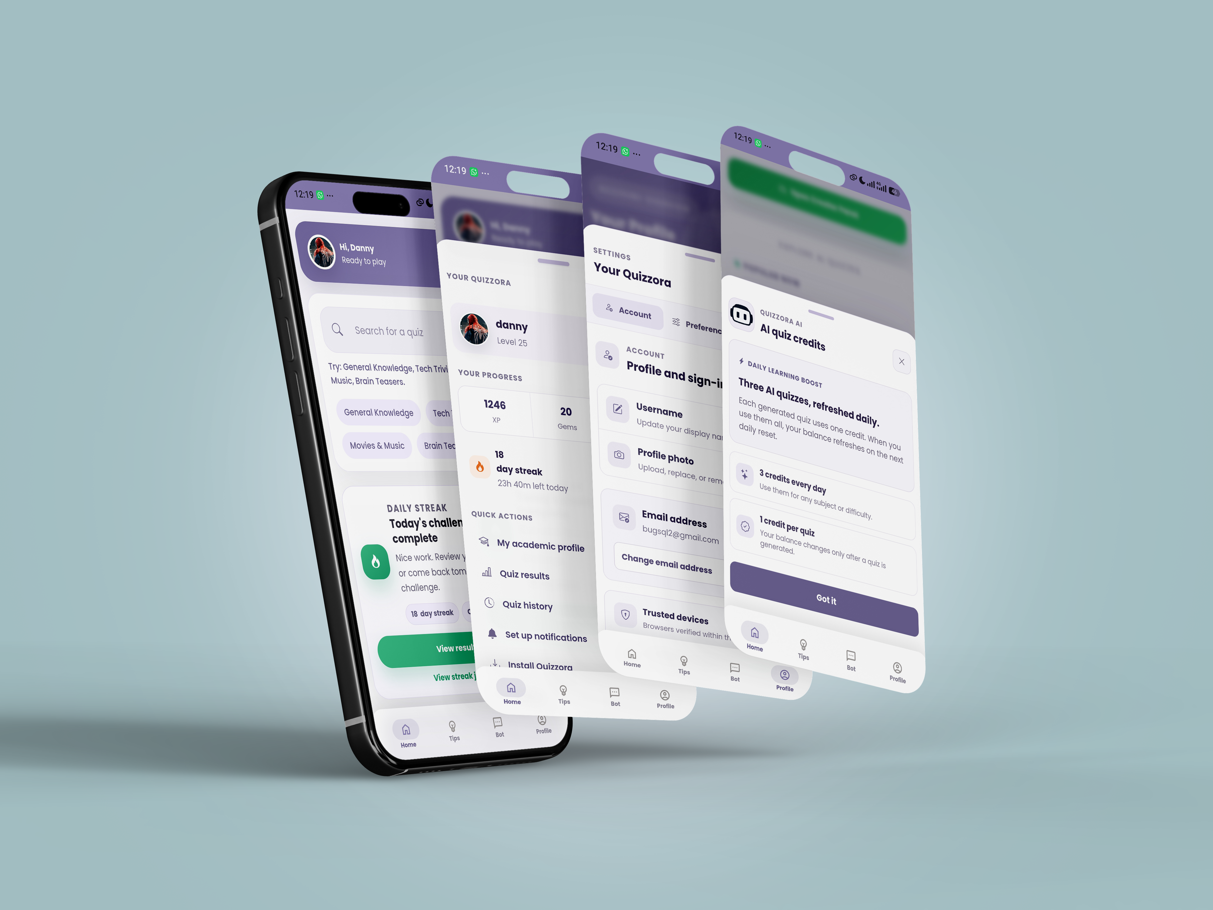 Quizzora mobile views for profiles, settings, and AI quiz credits